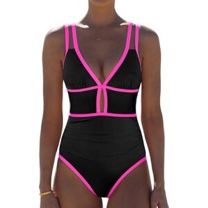 Womens Black Hot Pink Contrast Trim One Piece Swimsuit V-Neck Keyhole Monokini